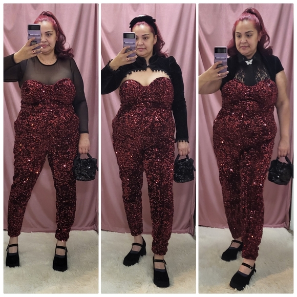Fashion Nova Isabeli Sequin Jumpsuit Burgundy 1X - Picture 5 of 7